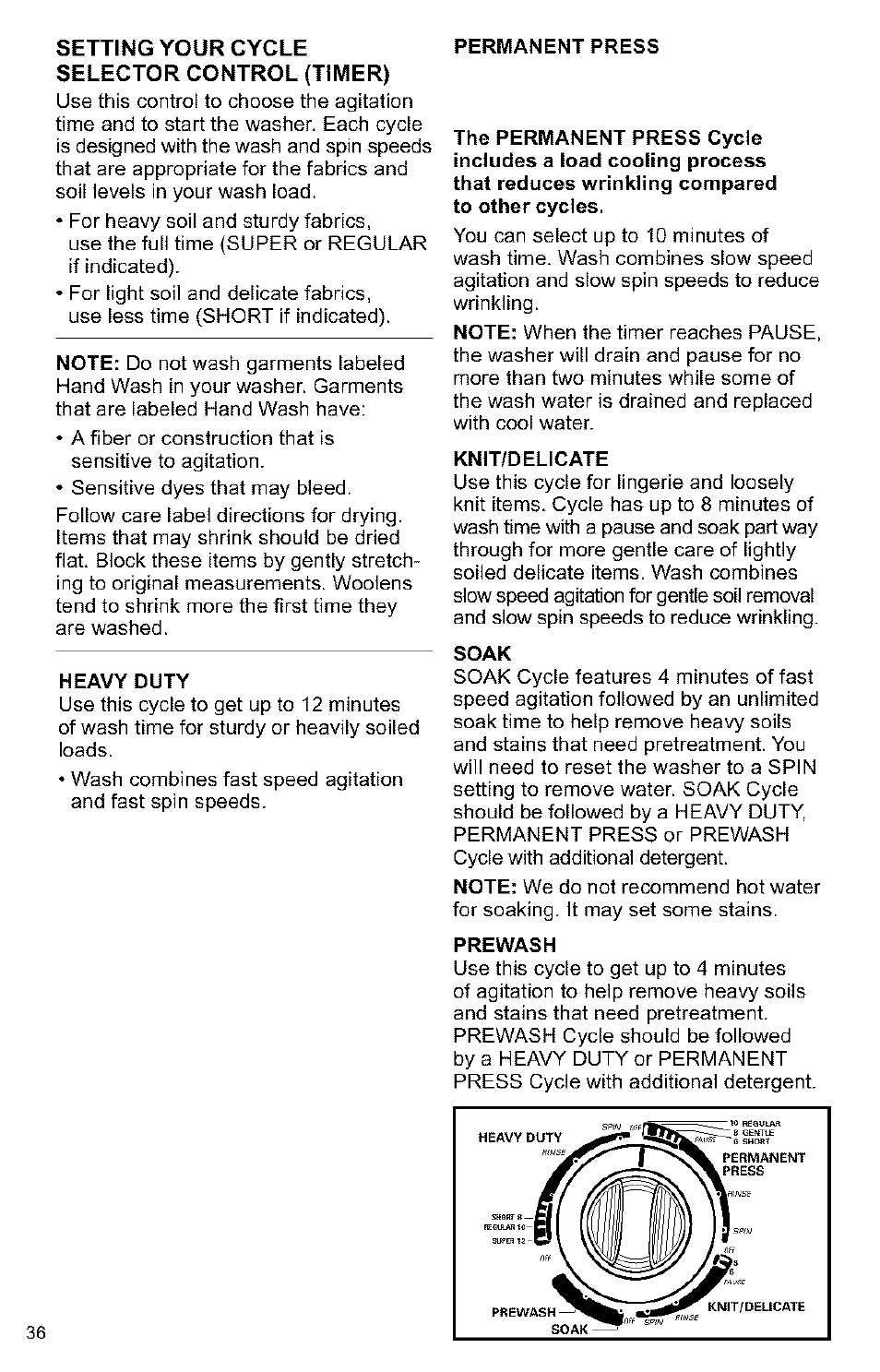 Setting your cycle selector control (timer) | Kenmore 3405594 User Manual | Page 36 / 61