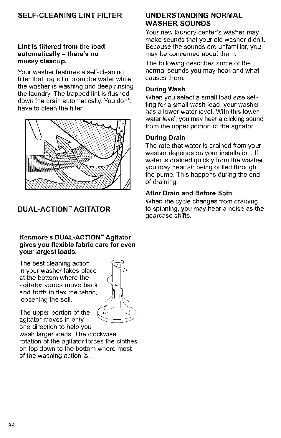 Self-cleaning lint filter, Dual-action" agitator, Understanding normal washer sounds | Kenmore 3405594 User Manual | Page 38 / 61