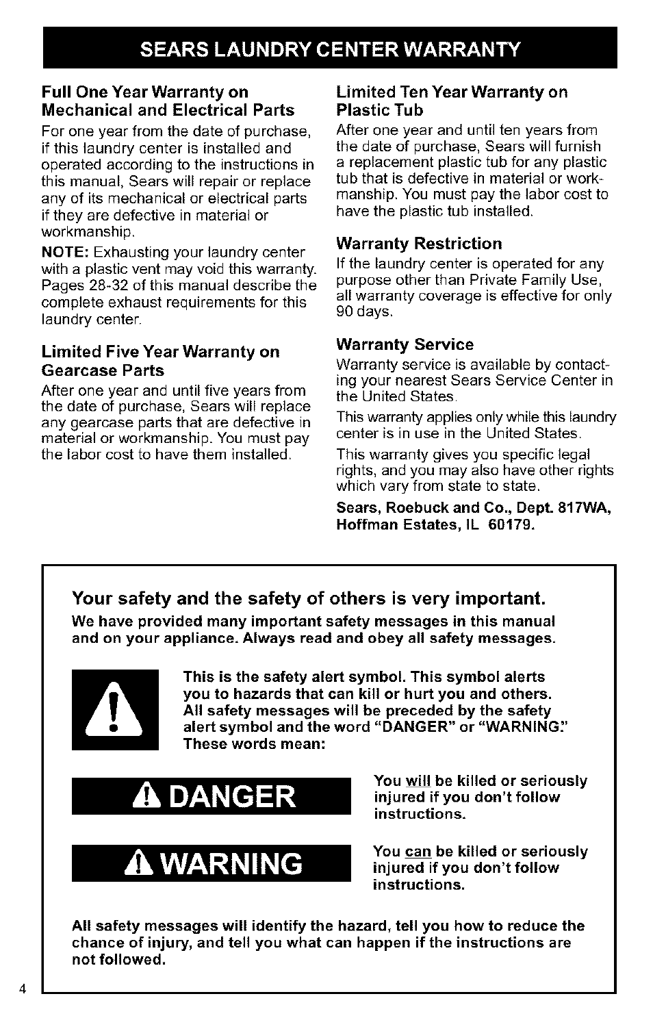 Sears laundry center warranty, Limited five year warranty on gearcase parts, Limited ten year warranty on plastic tub | Warranty restriction, Warranty service, A danger, A warning, Warning | Kenmore 3405594 User Manual | Page 4 / 61