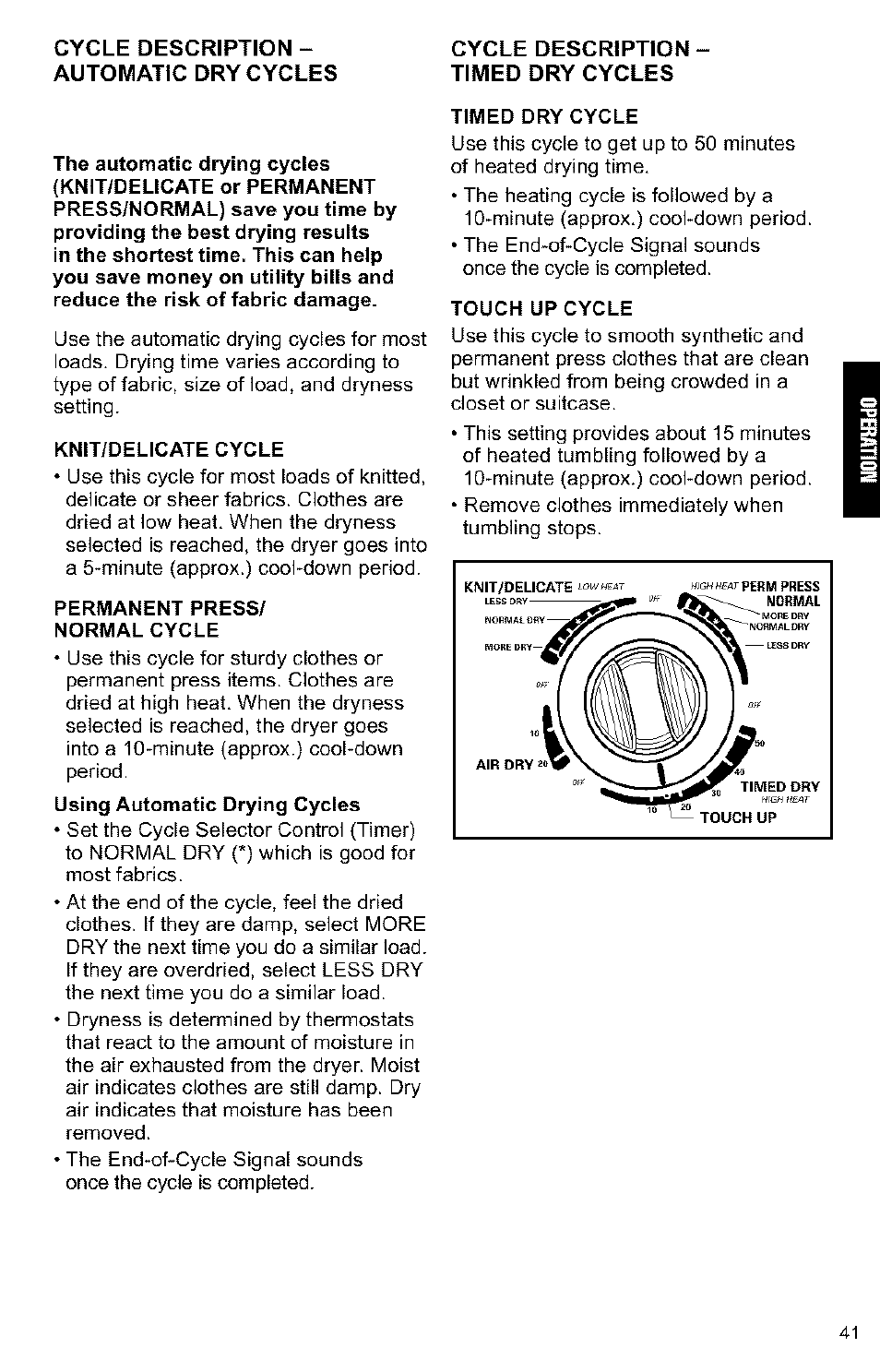 Cycle description - automatic dry cycles, Cycle description - timed dry cycles | Kenmore 3405594 User Manual | Page 41 / 61