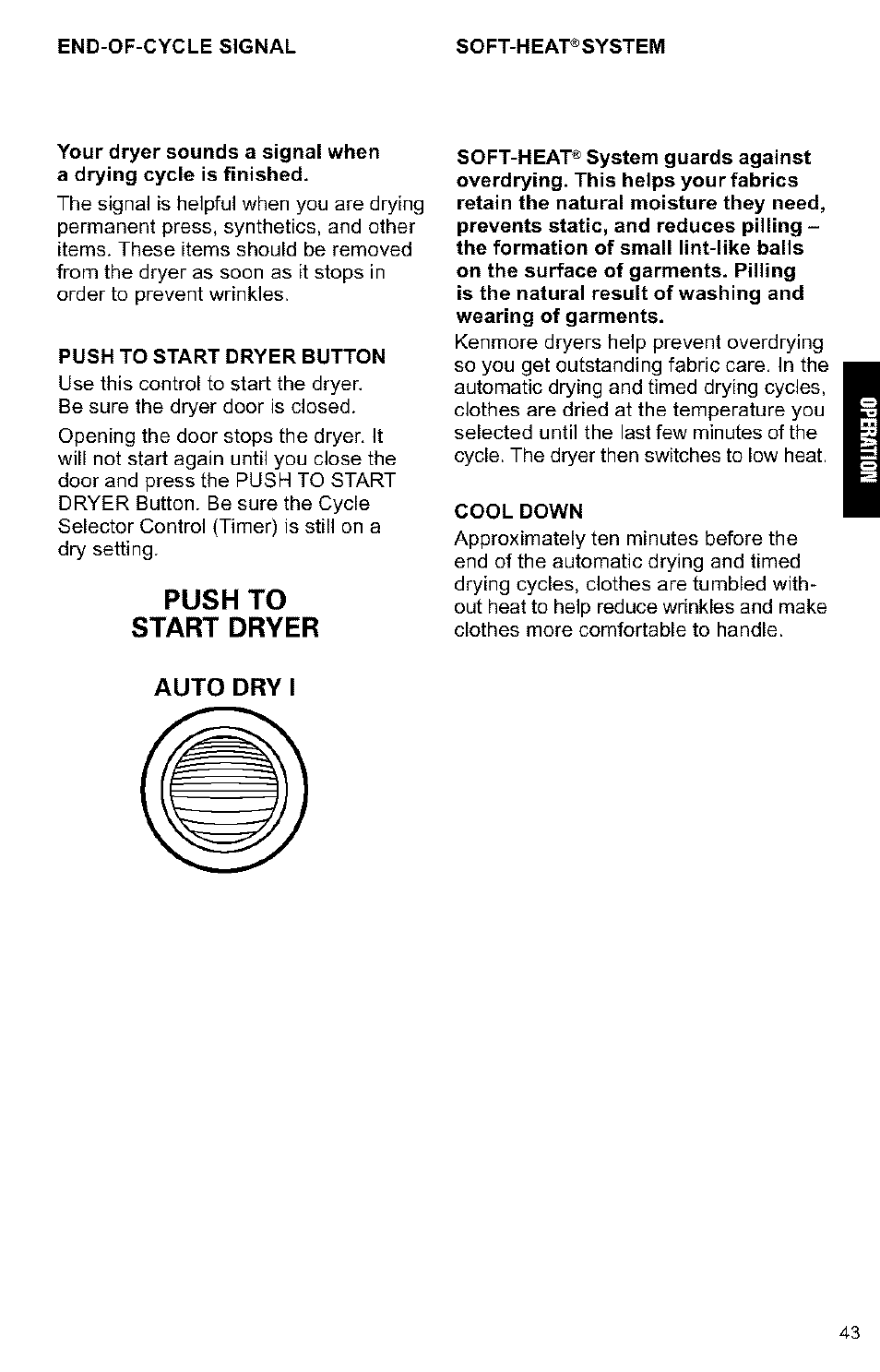 Push to start dryer, Push to start | Kenmore 3405594 User Manual | Page 43 / 61