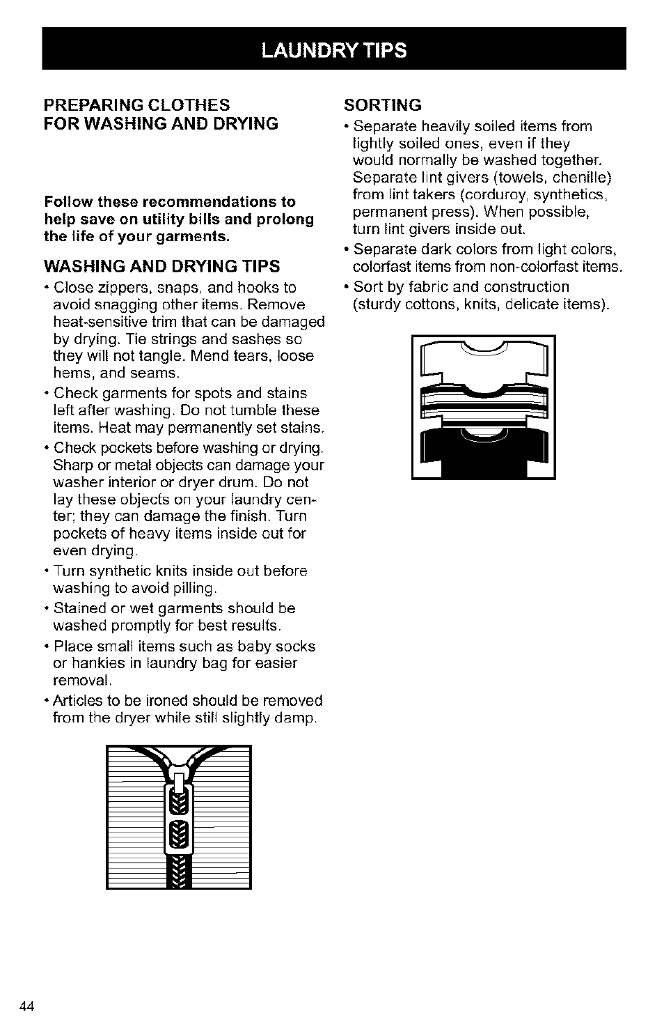 Laundry tips, Preparing clothes for washing and drying, Washing and drying tips | Sorting | Kenmore 3405594 User Manual | Page 44 / 61