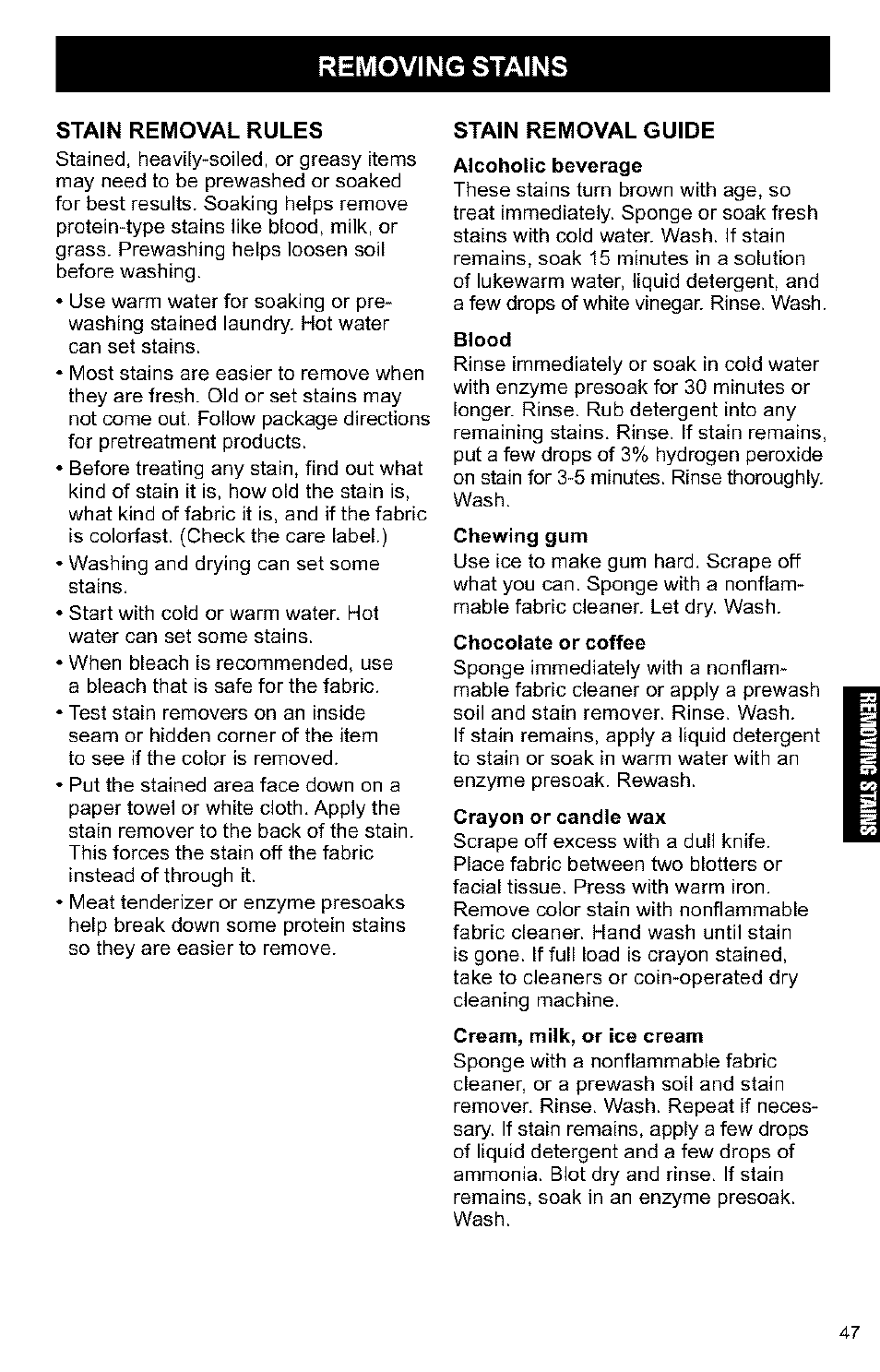 Removing stains | Kenmore 3405594 User Manual | Page 47 / 61