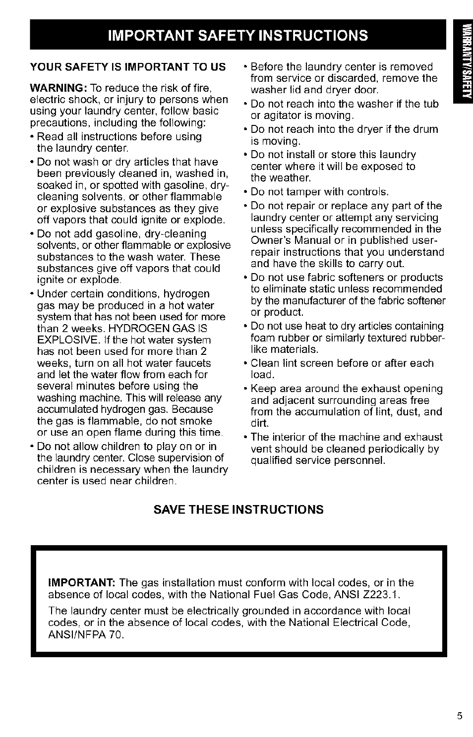 Save these instructions | Kenmore 3405594 User Manual | Page 5 / 61