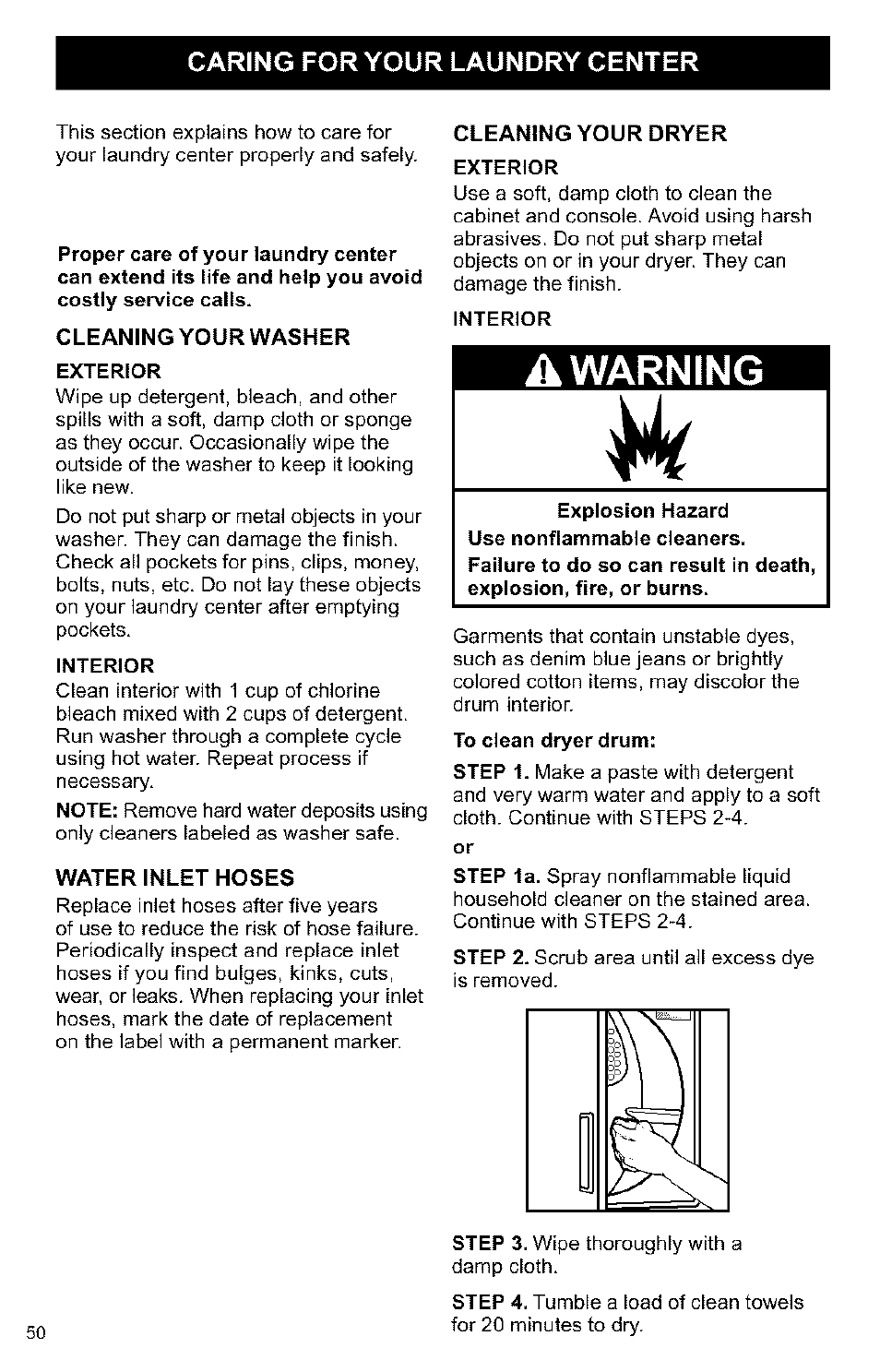 Caring for your laundry center, Cleaning your washer, Water inlet hoses | Cleaning your dryer, Д warning | Kenmore 3405594 User Manual | Page 50 / 61