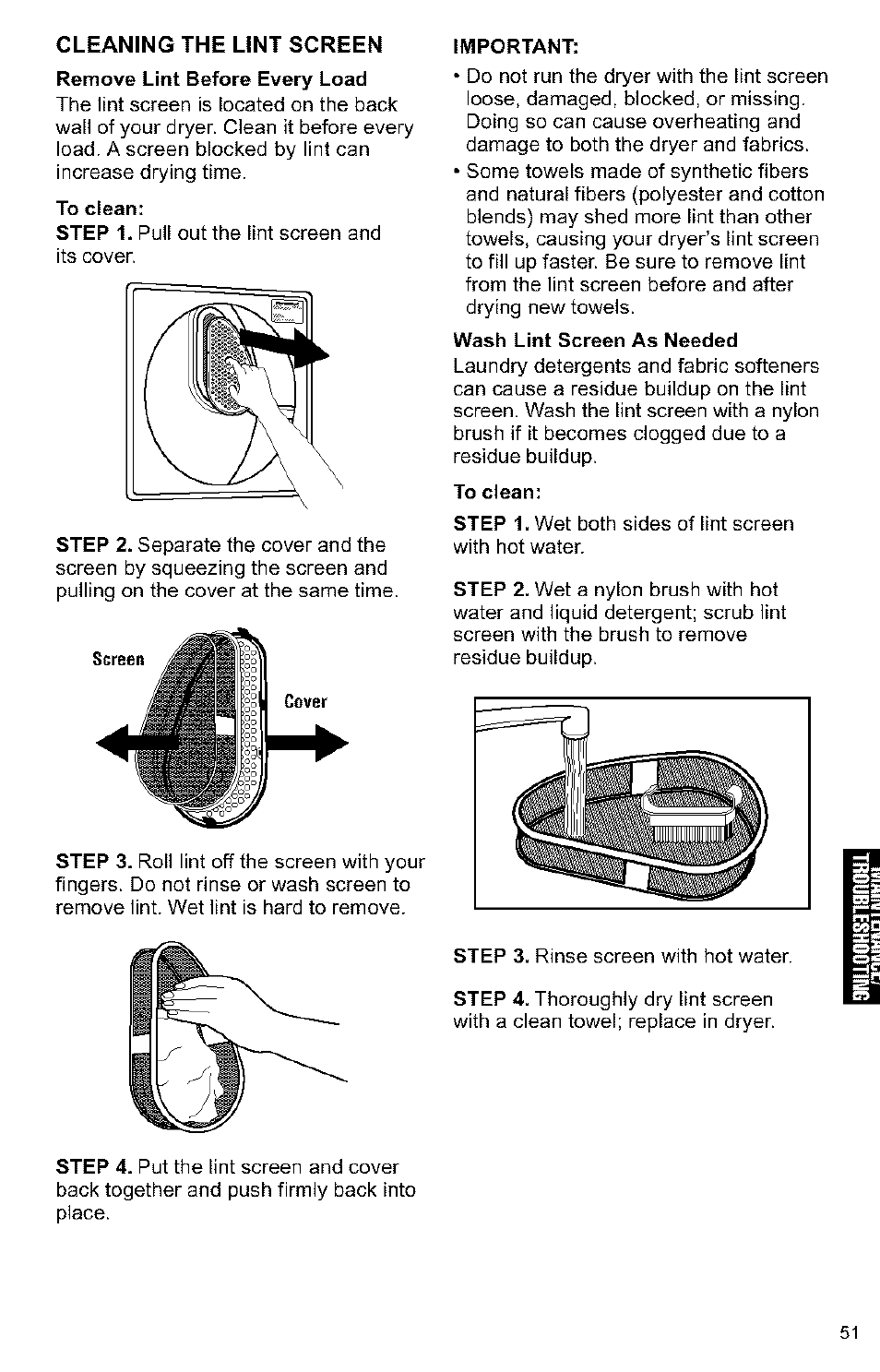 Cleaning the lint screen | Kenmore 3405594 User Manual | Page 51 / 61