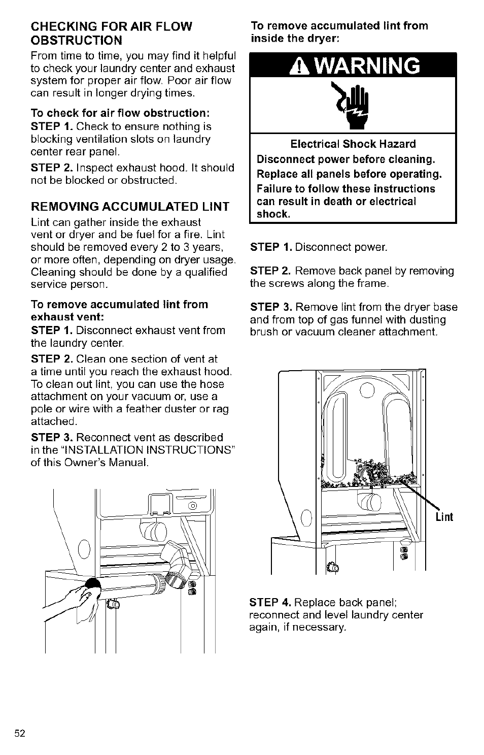 Checking for air flow obstruction, Removing accumulated lint, A warning | Kenmore 3405594 User Manual | Page 52 / 61