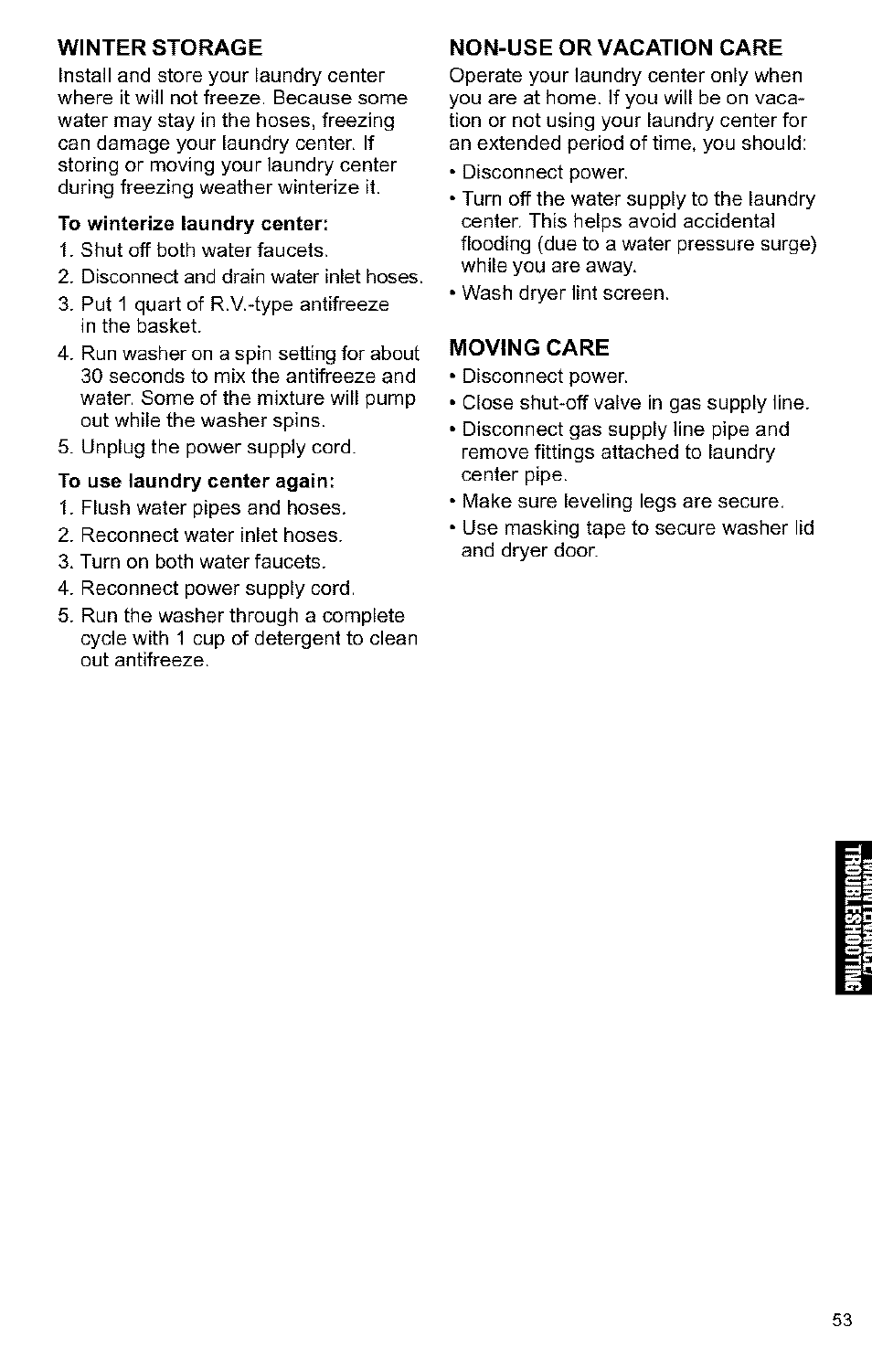 Winter storage, Non-use or vacation care, Moving care | Kenmore 3405594 User Manual | Page 53 / 61