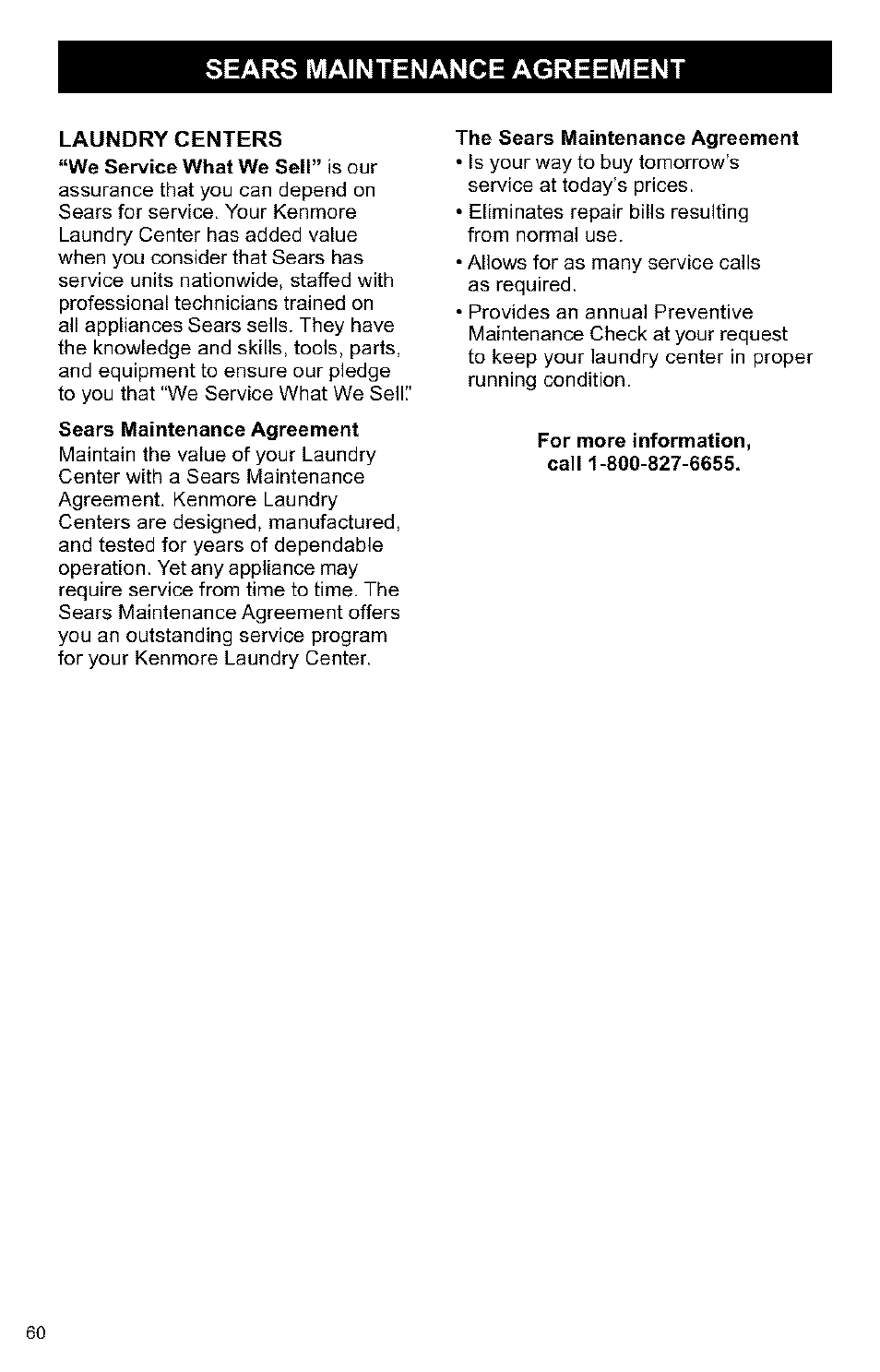 Sears maintenance agreement, Laundry centers | Kenmore 3405594 User Manual | Page 60 / 61