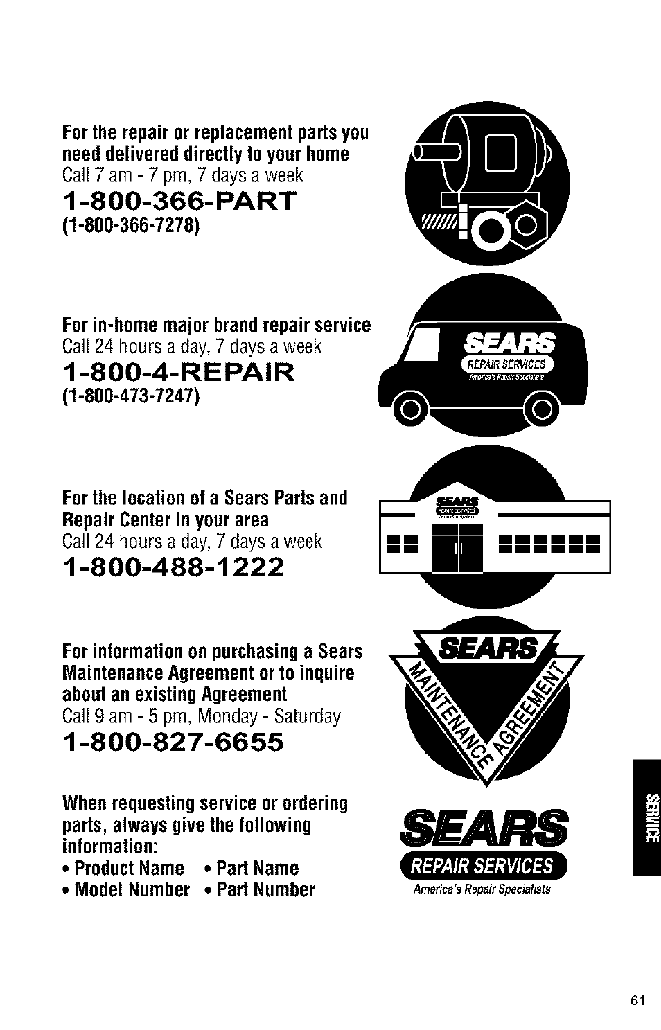 800-366-part, 800-4-repair | Kenmore 3405594 User Manual | Page 61 / 61