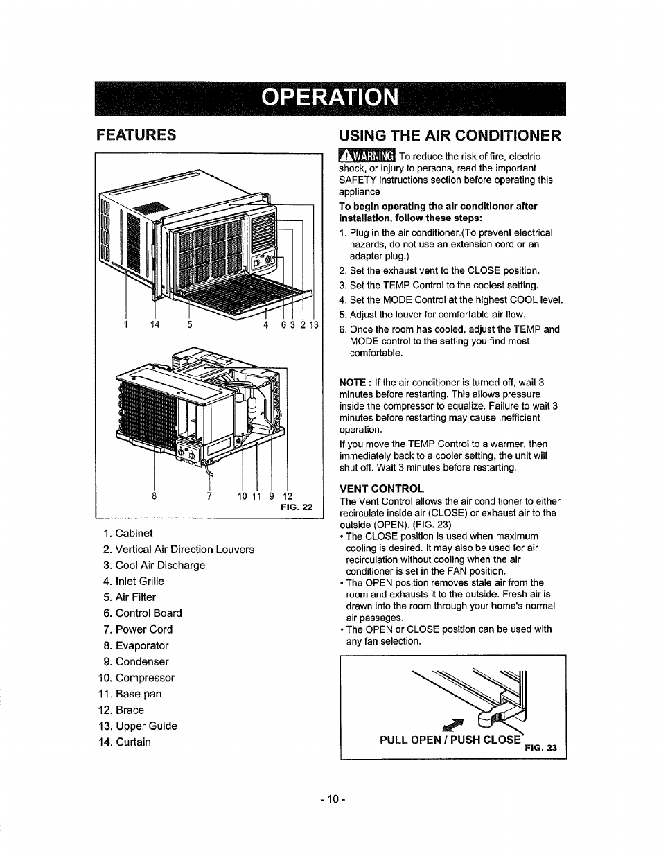 Features, Using the air conditioner, Operation | Vent control | Kenmore 580.72184 User Manual | Page 10 / 23