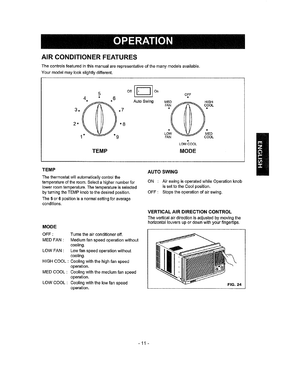 Air conditioner features, Operation, Temp | Mode, Auto swing, Vertical air direction control | Kenmore 580.72184 User Manual | Page 11 / 23