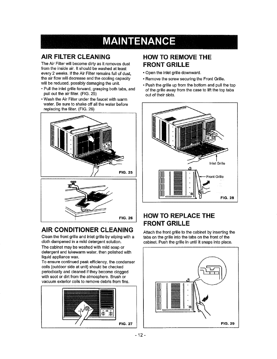 Air filter cleaning, Air conditioner cleaning, How to remove the front grille | How to replace the, Mainte nan ce, How to replace the front grille | Kenmore 580.72184 User Manual | Page 12 / 23