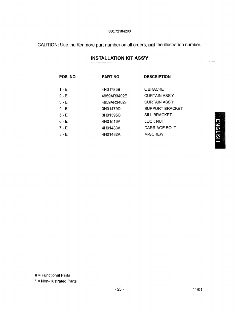 Installation kit ass'y, Pos. no part no description | Kenmore 580.72184 User Manual | Page 23 / 23