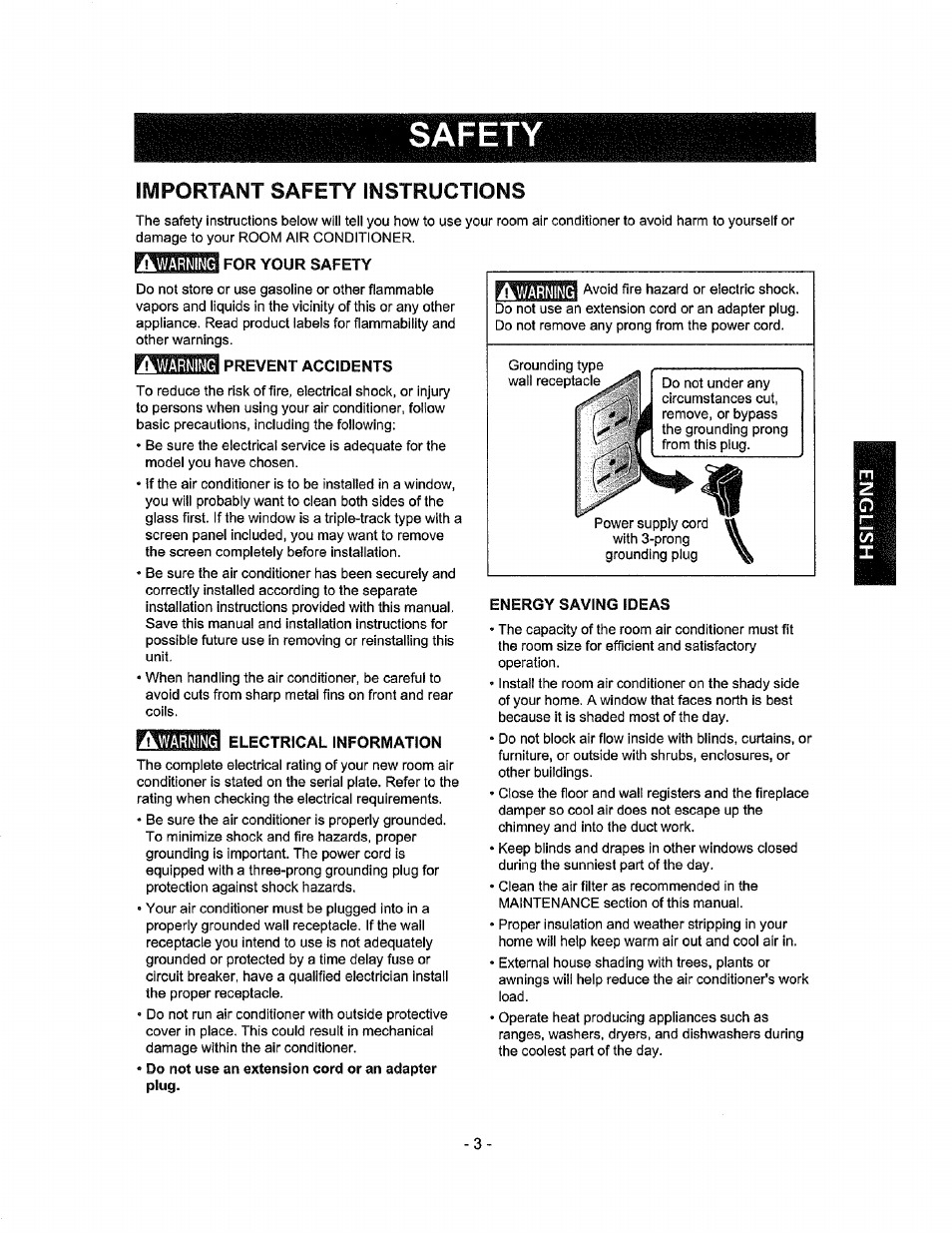 Safety, Important safety instructions, For your safety | Prevent accidents, Electrical information, Energy saving ideas | Kenmore 580.72184 User Manual | Page 3 / 23
