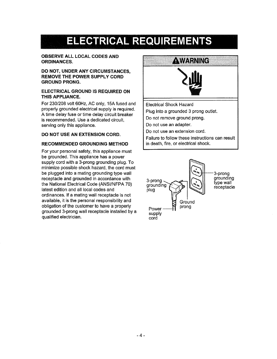 Electrical requirements | Kenmore 580.72184 User Manual | Page 4 / 23