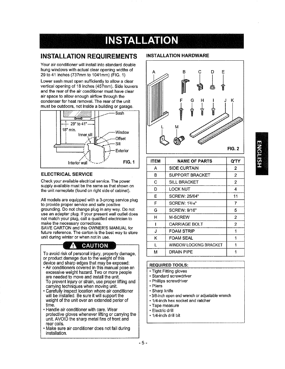Installation requirements installation hardware, A caution, Installation | Installation requirements, Electrical service | Kenmore 580.72184 User Manual | Page 5 / 23