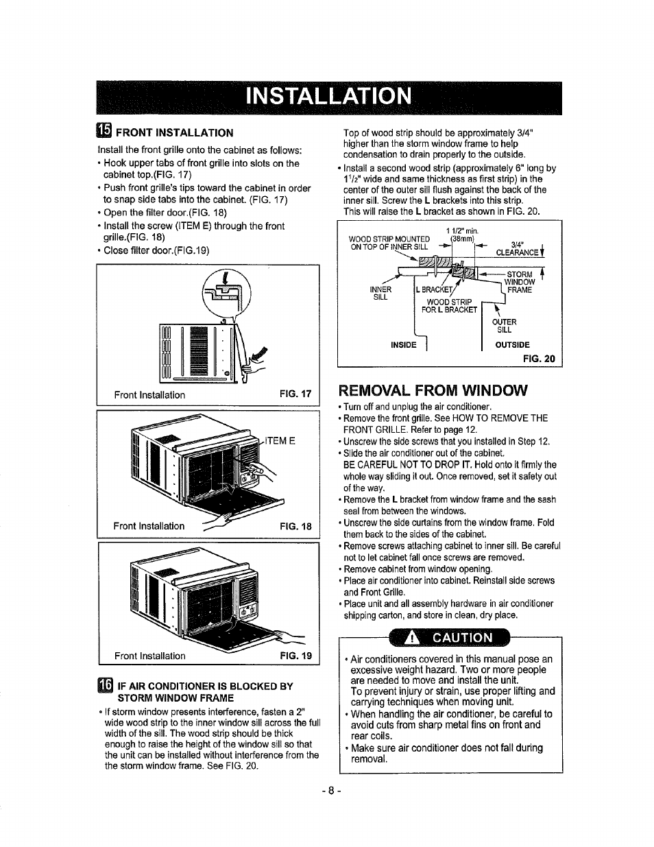 Removal from window, A caution, Installation | Ib front installation | Kenmore 580.72184 User Manual | Page 8 / 23