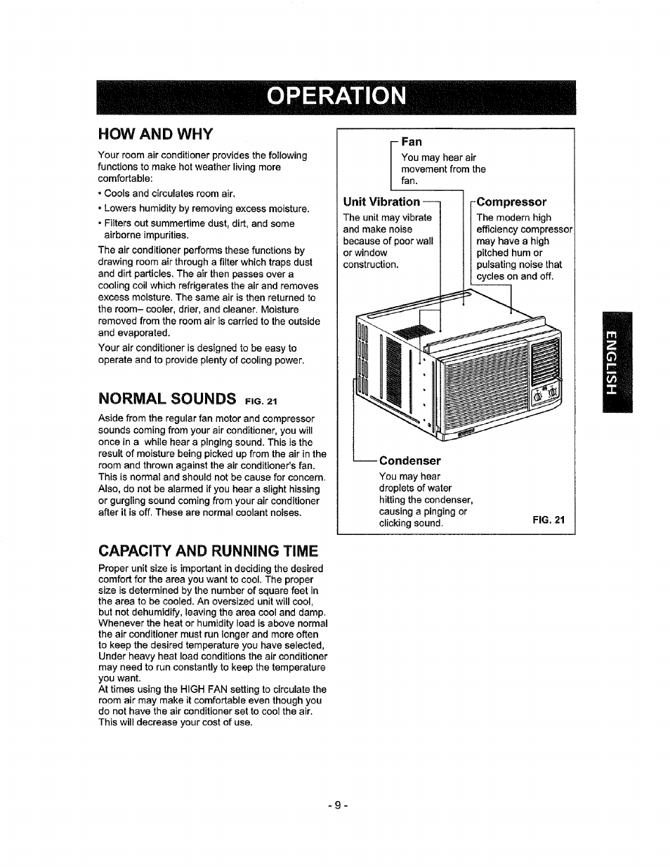 How and why, Normal sounds, Capacity and running time | Unit vibration, Capacity and running time..............”9, Operation | Kenmore 580.72184 User Manual | Page 9 / 23