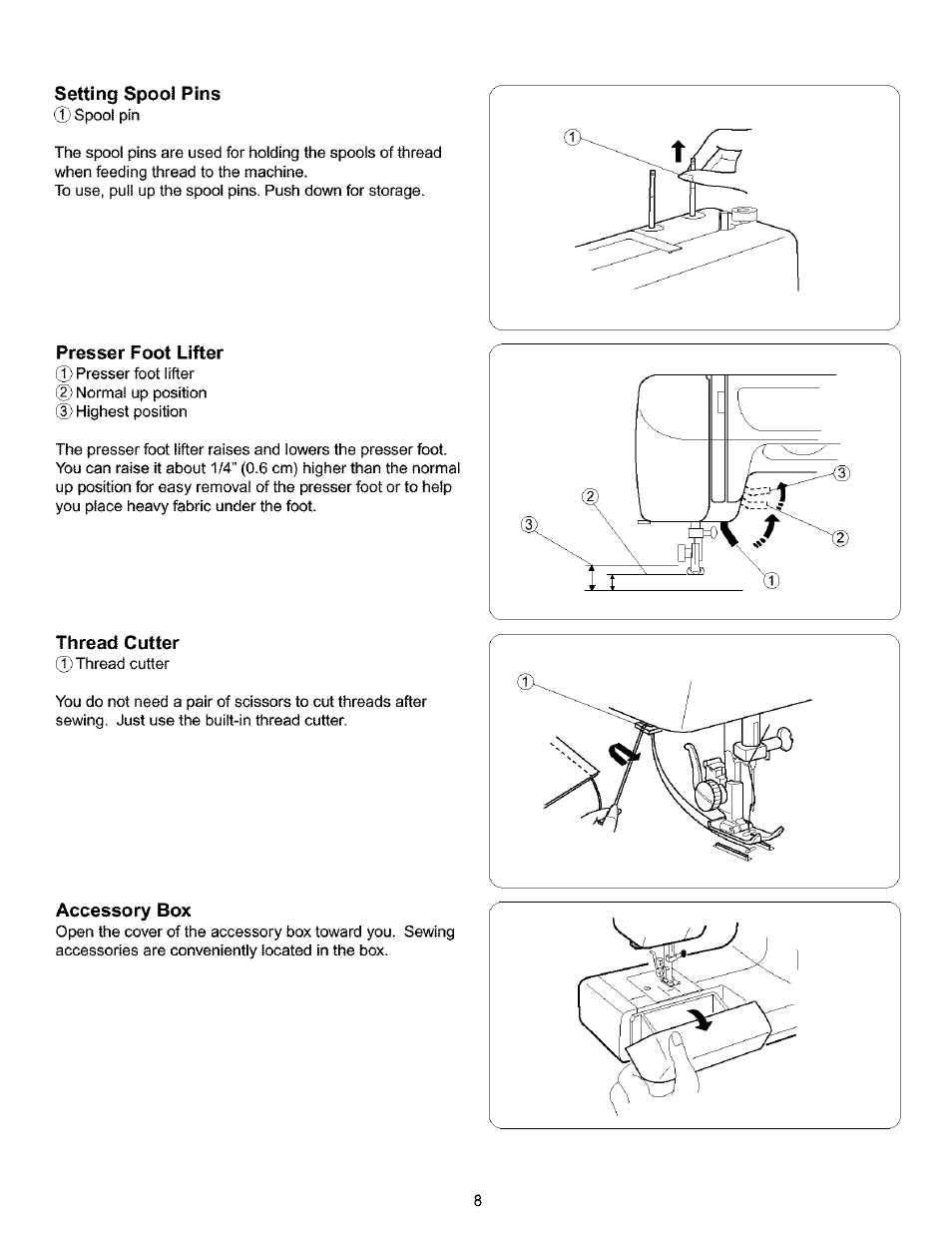 Setting spool pins, Presser foot lifter, Thread cutter | Accessory box, Setting spool pins presser foot lifter, Thread cutter accessory box | Kenmore 385.16120200 User Manual | Page 16 / 85