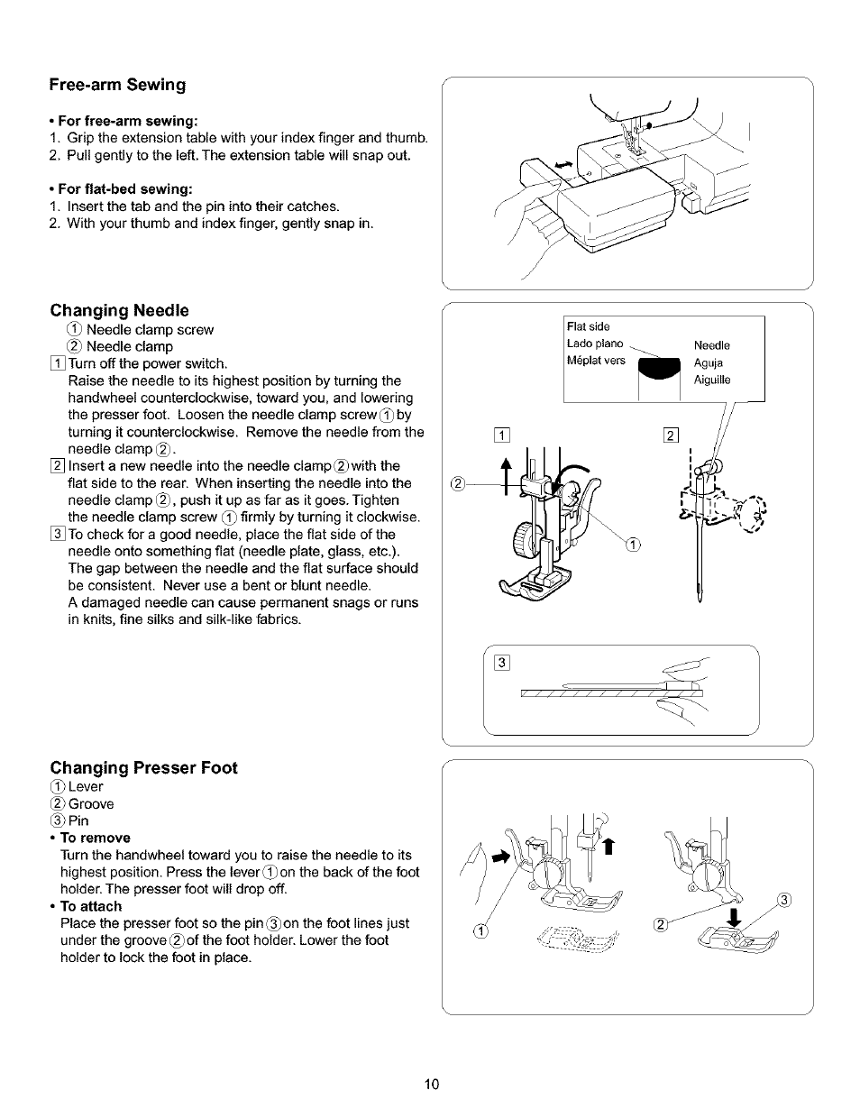 Free-arm sewing, For free-arm sewing, For flat-bed sewing | Changing needle, Changing presser foot, Section v. utility stitches and | Kenmore 385.16120200 User Manual | Page 18 / 85