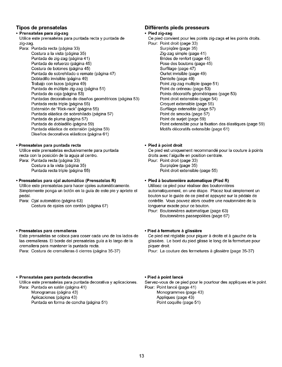 Tipos de prénsatelas, Différents pieds presseurs | Kenmore 385.16120200 User Manual | Page 21 / 85