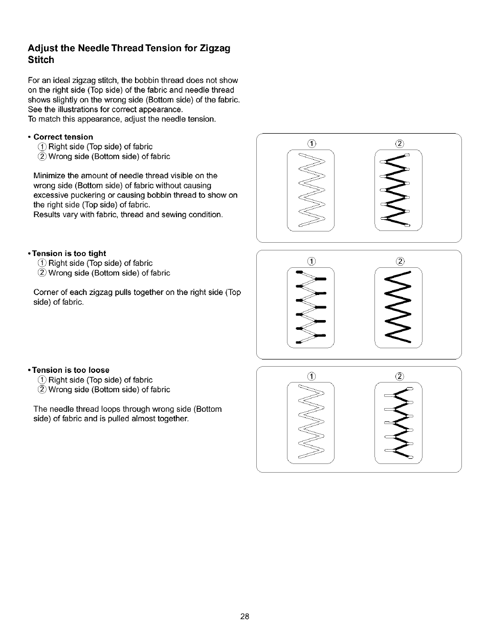 Adjust the needle thread tension for zigzag stitch, Correct tension, Tension is too tight | Tension is too loose, Tension is too tight • tension is too loose | Kenmore 385.16120200 User Manual | Page 36 / 85