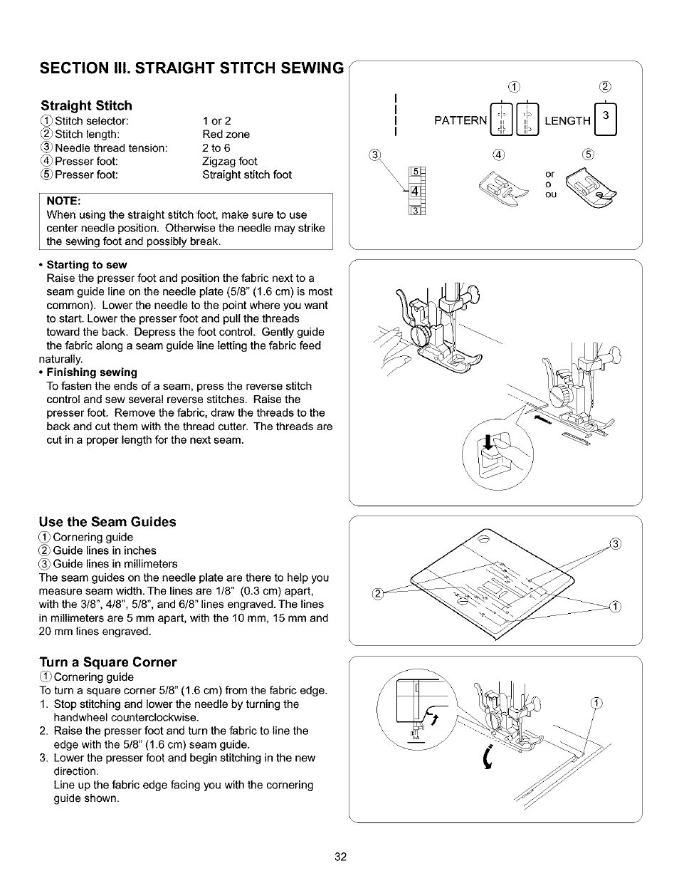 Straight stitch, Note, Starting to sew | Use the seam guides, Turn a square corner | Kenmore 385.16120200 User Manual | Page 40 / 85