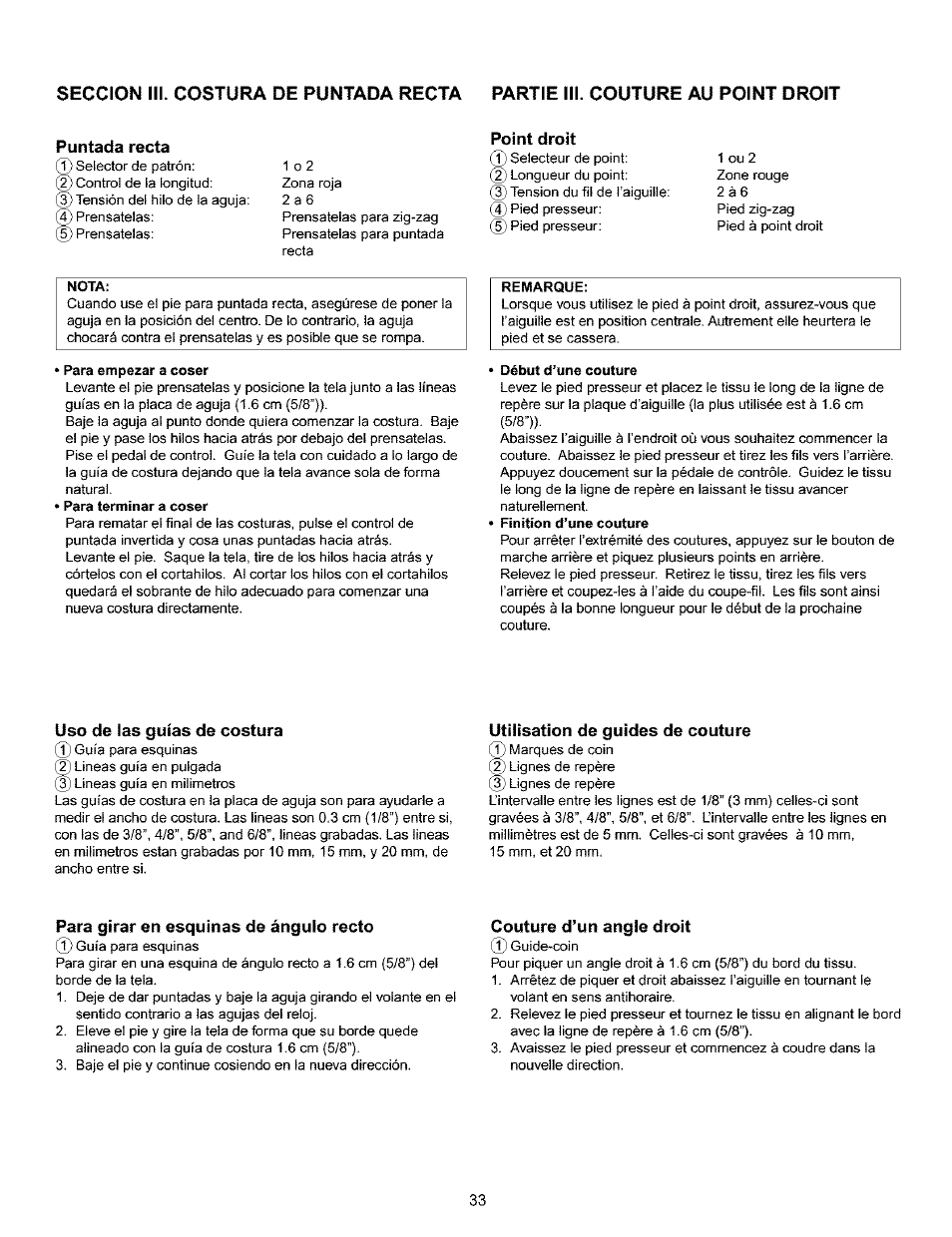 Puntada recta, Point droit, Uso de las guías de costura | Utilisation de guides de couture, Para girar en esquinas de ángulo recto, Couture d’un angle droit | Kenmore 385.16120200 User Manual | Page 41 / 85