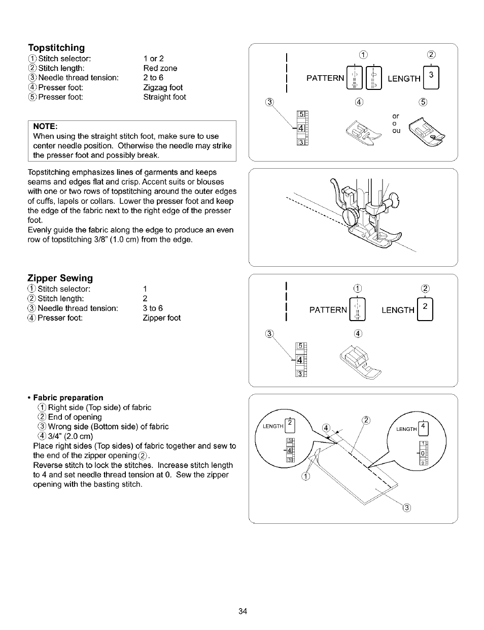 Topstitching, Note, Zipper sewing | Fabric preparation | Kenmore 385.16120200 User Manual | Page 42 / 85