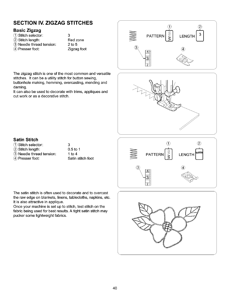 Basic zigzag, Satin stitch, Straight stitch | Kenmore 385.16120200 User Manual | Page 48 / 85