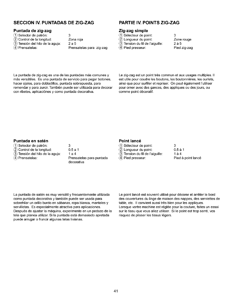 Seccion iv. puntadas de zig-zag, Puntada de zig-zag, Partie iv. points zig-zag | Zig-zag simple, Puntada zig-zag | Kenmore 385.16120200 User Manual | Page 49 / 85