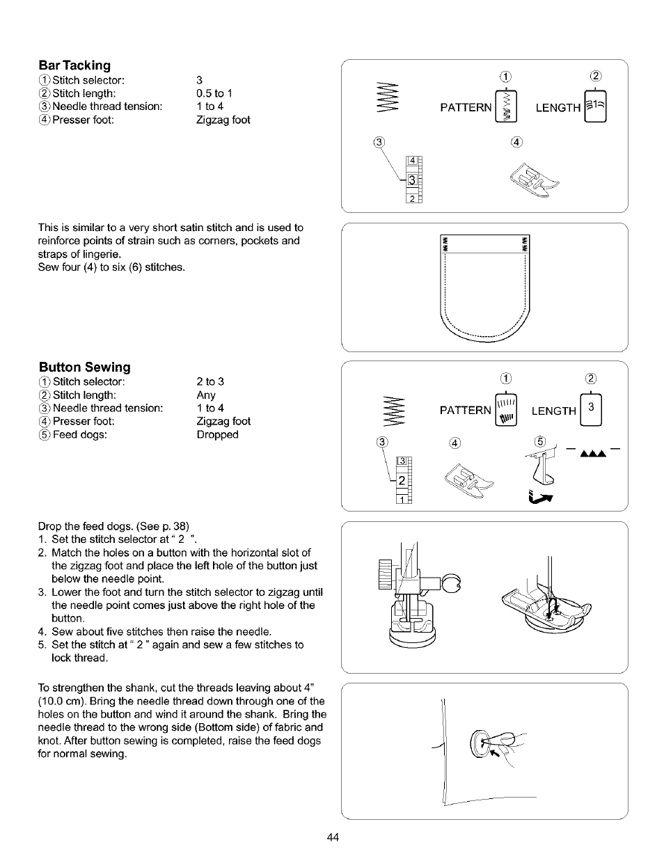 Bar tacking, Button sewing, Bartadiing button sewing | Kenmore 385.16120200 User Manual | Page 52 / 85