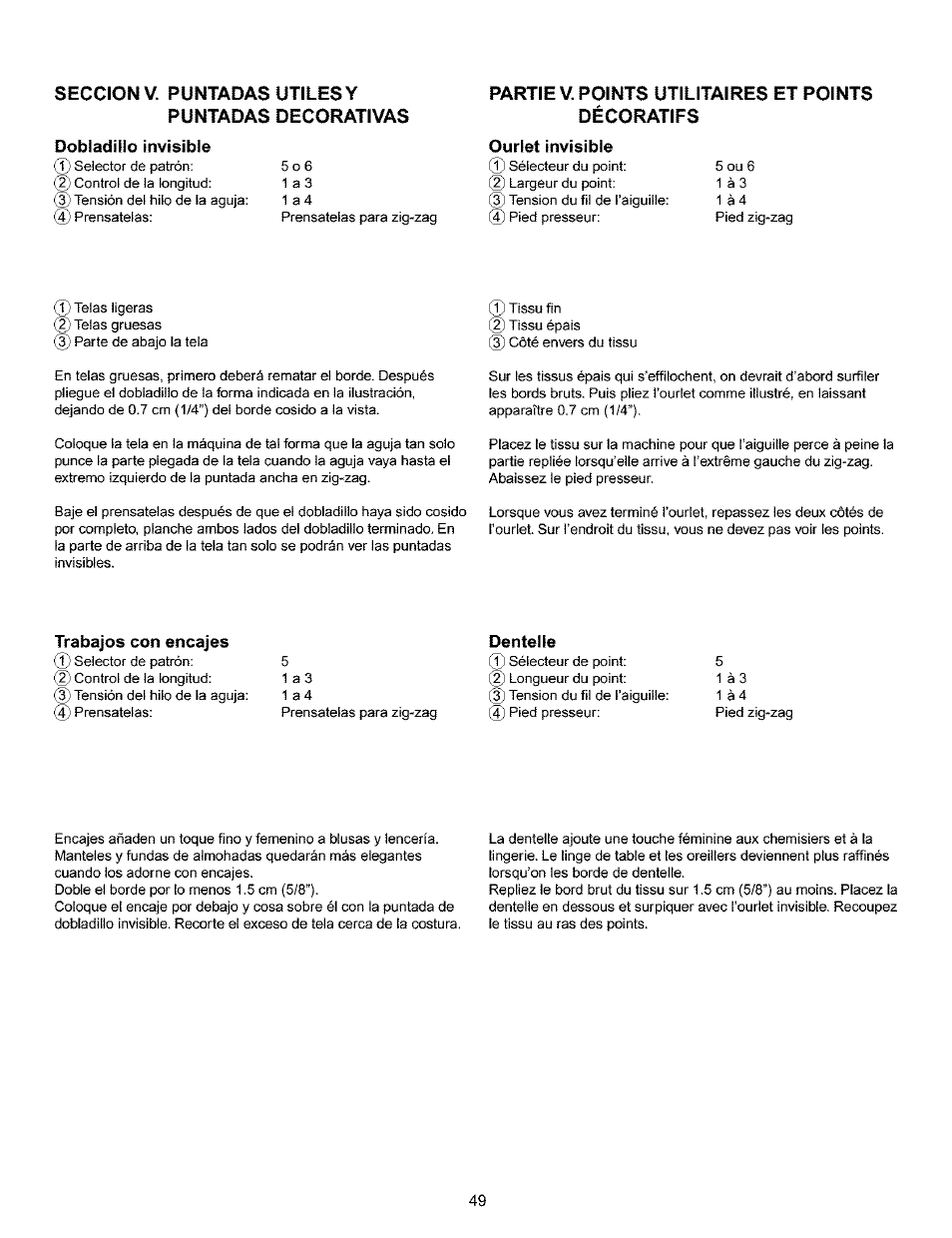 Seccion v. puntadas utiles y, Partie v. points utilitaires et points, Dentelle | Denteile | Kenmore 385.16120200 User Manual | Page 57 / 85