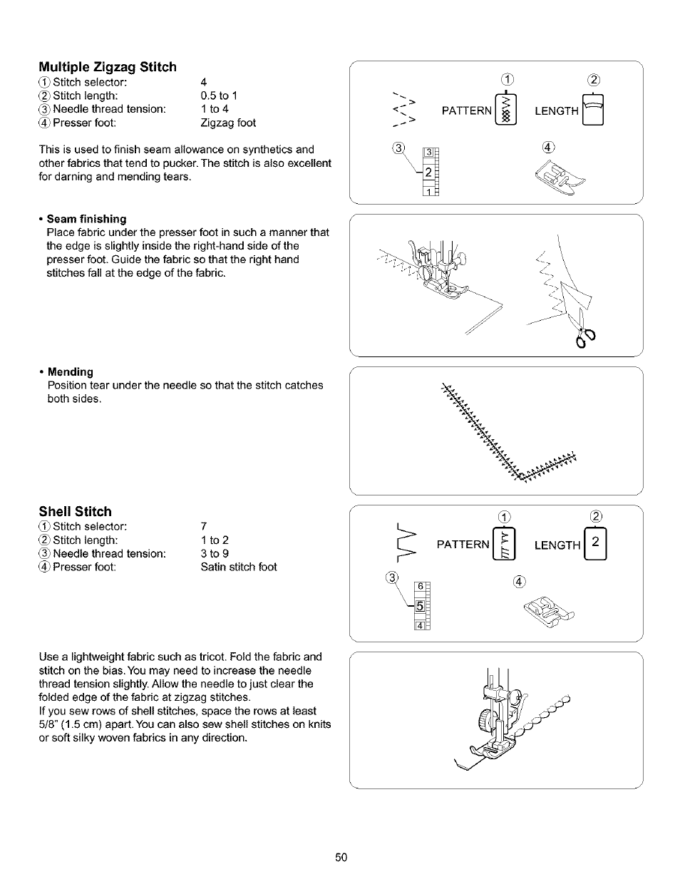 Multiple zigzag stitch, Seam finishing, Mending | Shell stitch | Kenmore 385.16120200 User Manual | Page 58 / 85