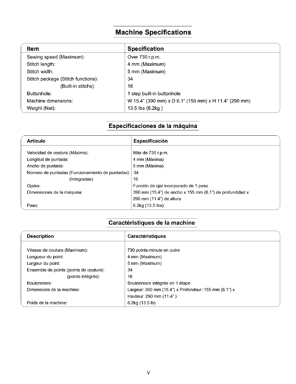 Especificaciones de la máquina, Caractéristiques de la machine | Kenmore 385.16120200 User Manual | Page 6 / 85