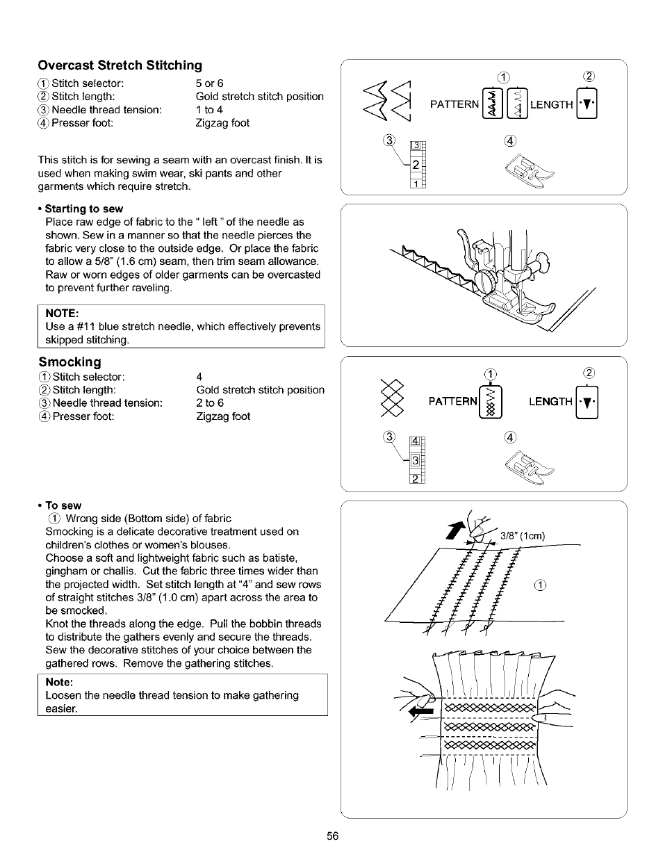 Overcast stretch stitching, Starting to sew, Note | Smocking, To sew, Strating to sew smocking • to sew | Kenmore 385.16120200 User Manual | Page 64 / 85