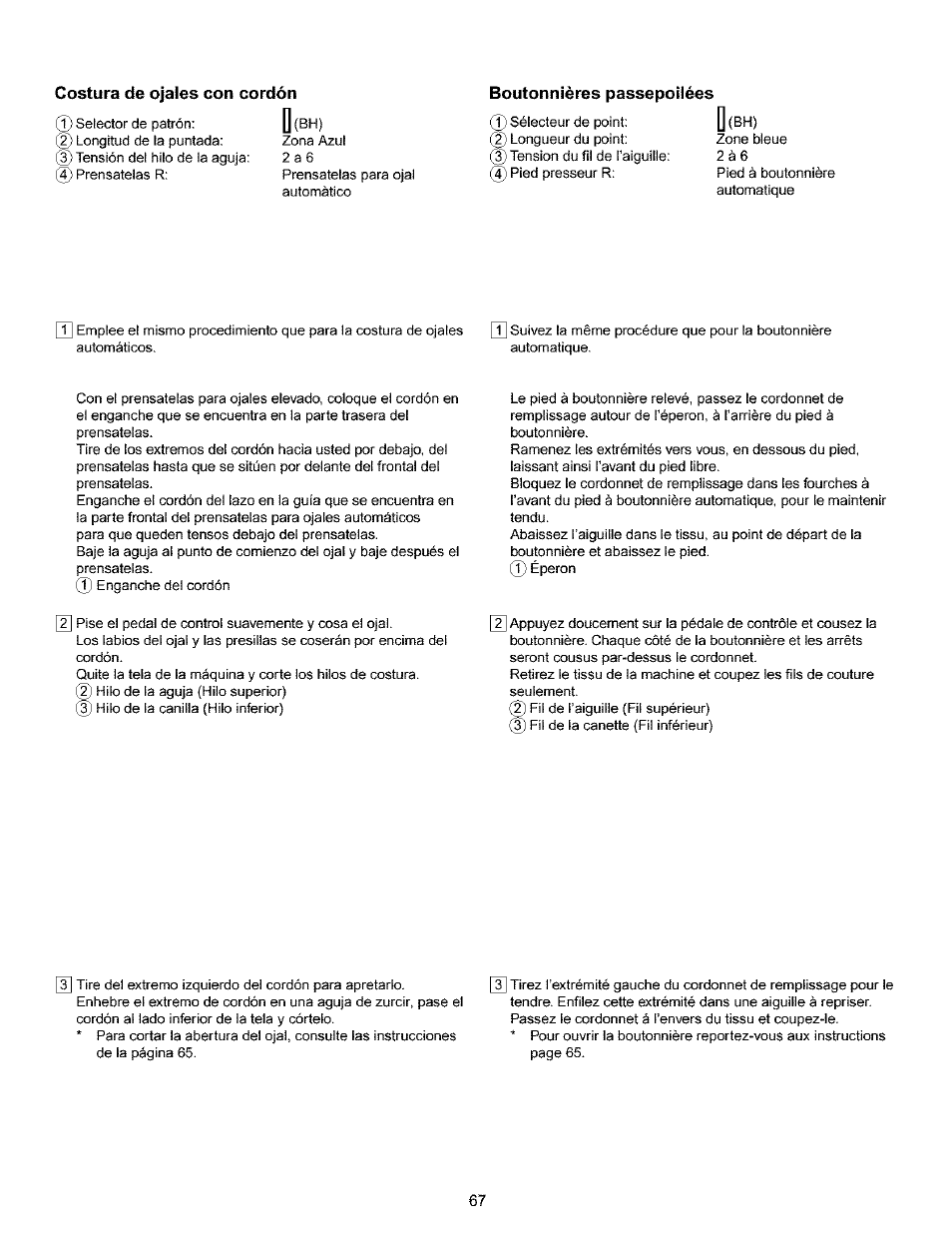 Costura de ojales con cordón, Boutonnières passepoilées | Kenmore 385.16120200 User Manual | Page 75 / 85