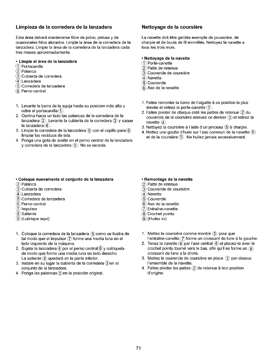 Limpieza de la corredera de la lanzadera | Kenmore 385.16120200 User Manual | Page 79 / 85