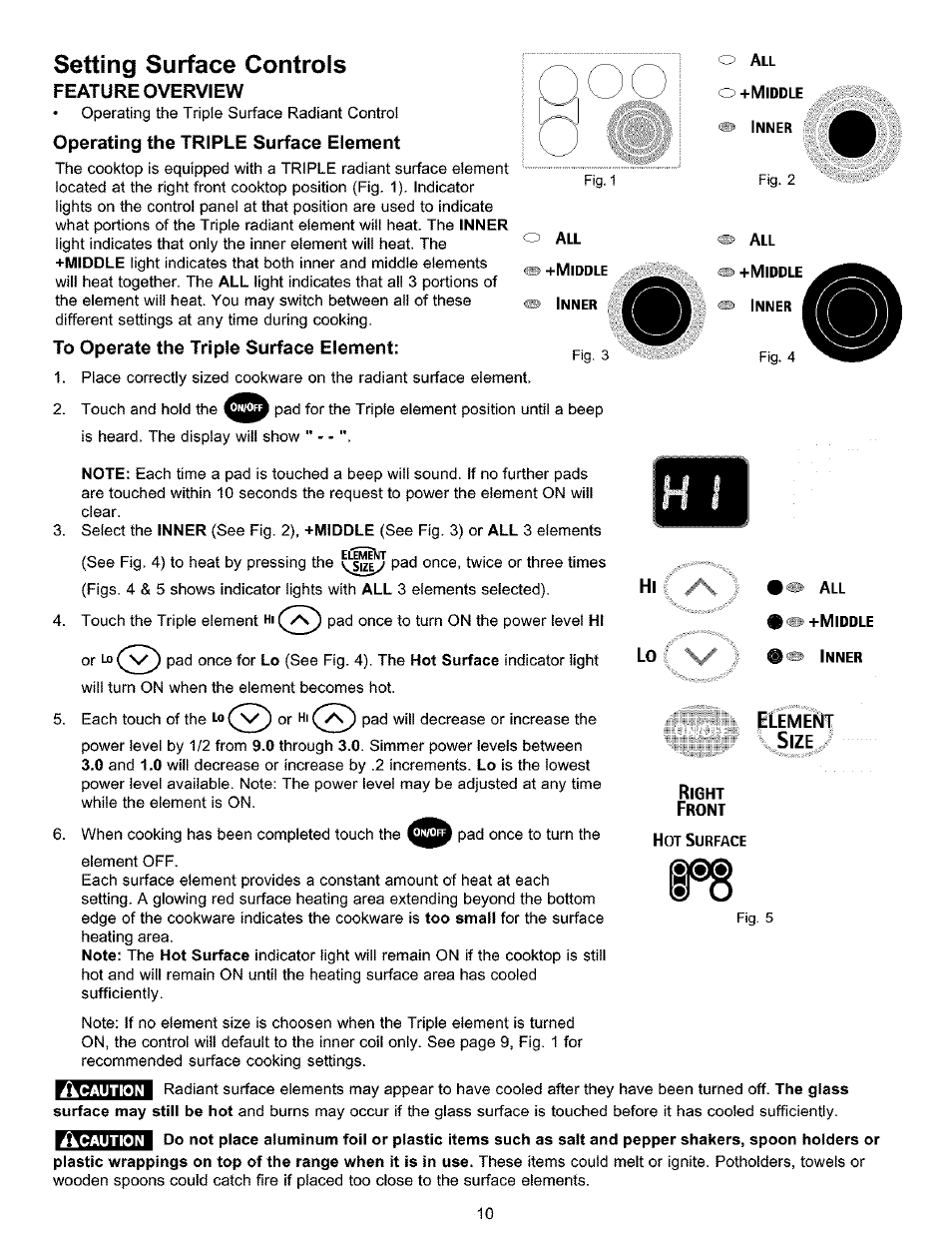Feature overview, Operating the triple surface element, To operate the triple surface element | Operating single radiant surface elements, Setting surface controls, Lo v | Kenmore 790.9911. User Manual | Page 10 / 40