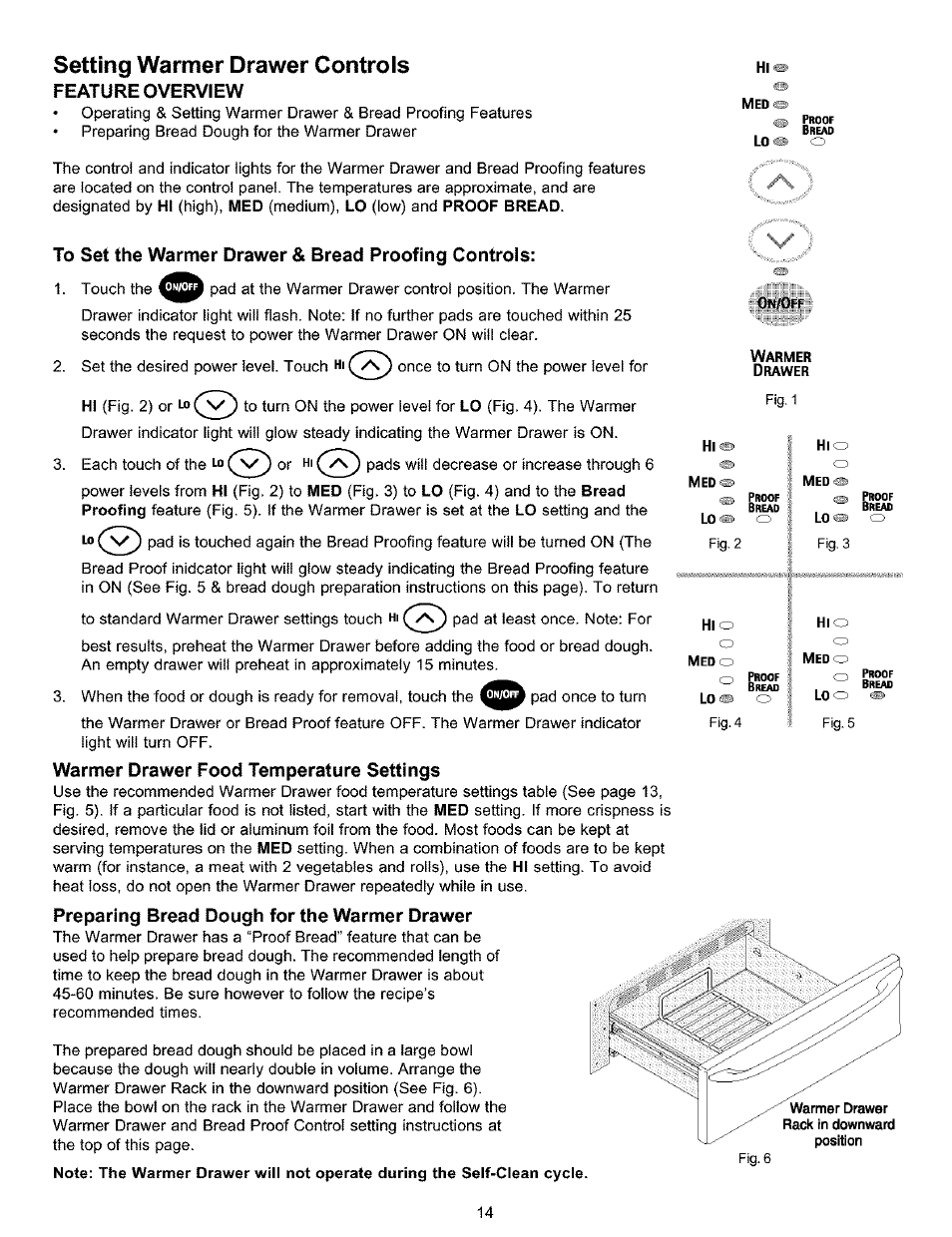 Feature overview, To set the warmer drawer & bread proofing controls, Warmer drawer food temperature settings | Preparing bread dough for the warmer drawer, Preparing bread dough in the warmer drawer, Setting warmer drawer controls | Kenmore 790.9911. User Manual | Page 14 / 40