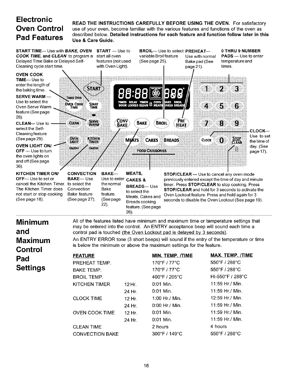 Electronic oven control pad features, Minimum, Maximum | Control, Settings, Minimum and maximum control | Kenmore 790.9911. User Manual | Page 16 / 40