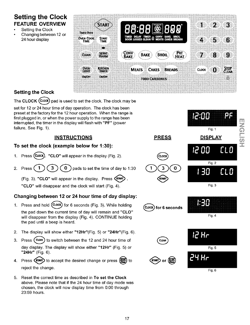 Setting the clock, Feature overview, Liléiiiéiliiiii | Changing between 12 or 24 hour time of day display, Lг:oo, Display, Changing between 12 or 24 hour display, Mwltm, 8 iilli | Kenmore 790.9911. User Manual | Page 17 / 40