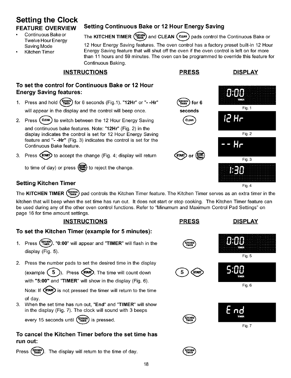 Setting continuous bake or 12 hour energy saving, Instructions, Press | Display, Setting kitchen timer, To set the kitchen timer (example for 5 minutes), Continuous bake or twelve hour energy saving mode, La hr, Setting the clock | Kenmore 790.9911. User Manual | Page 18 / 40