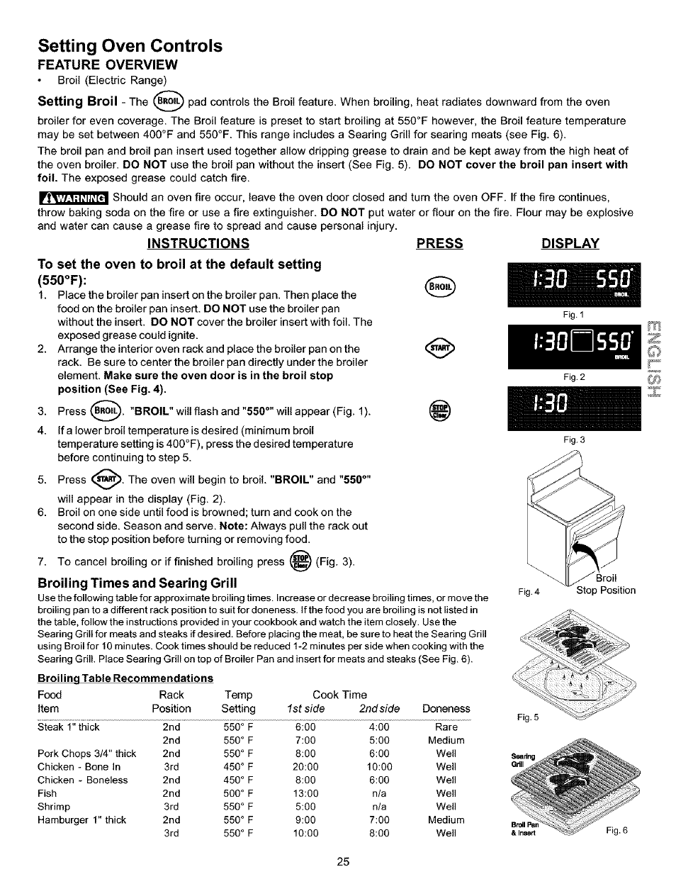 Feature overview, Instructions, Press | Broiling times and searing grili, Display, I.-aonsso, Setting oven controls | Kenmore 790.9911. User Manual | Page 25 / 40