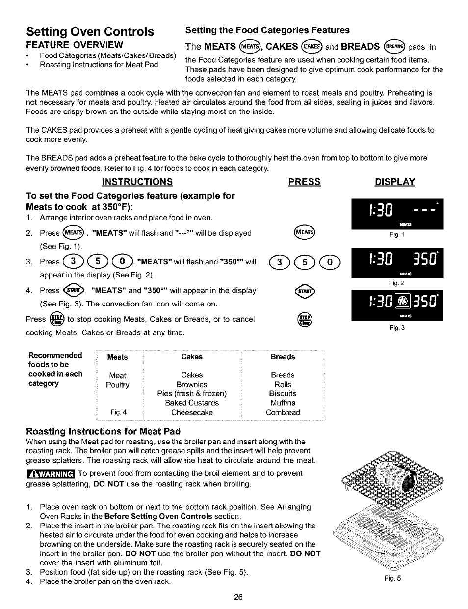 The meats cakes and breads pads in, Instructions, Press | Display, L:30, I;30a350, Roasting instructions for meat pad, Cd cd cd, Setting oven controls | Kenmore 790.9911. User Manual | Page 26 / 40