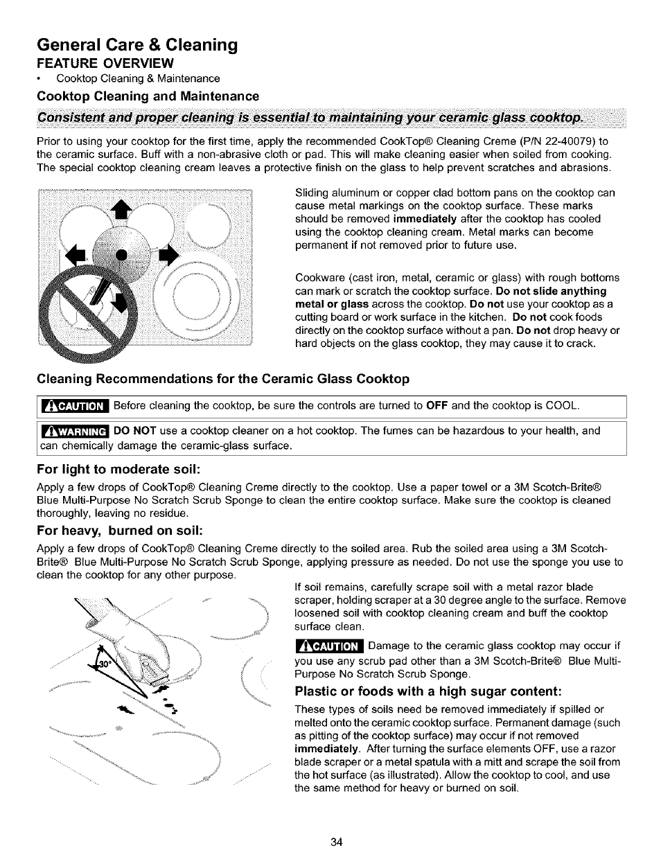 General care & cleaning, Feature overview, Cooktop cleaning and maintenance | For light to moderate soil, For heavy, burned on soil, Plastic or foods with a high sugar content, General care & cleaning -36 | Kenmore 790.9911. User Manual | Page 34 / 40