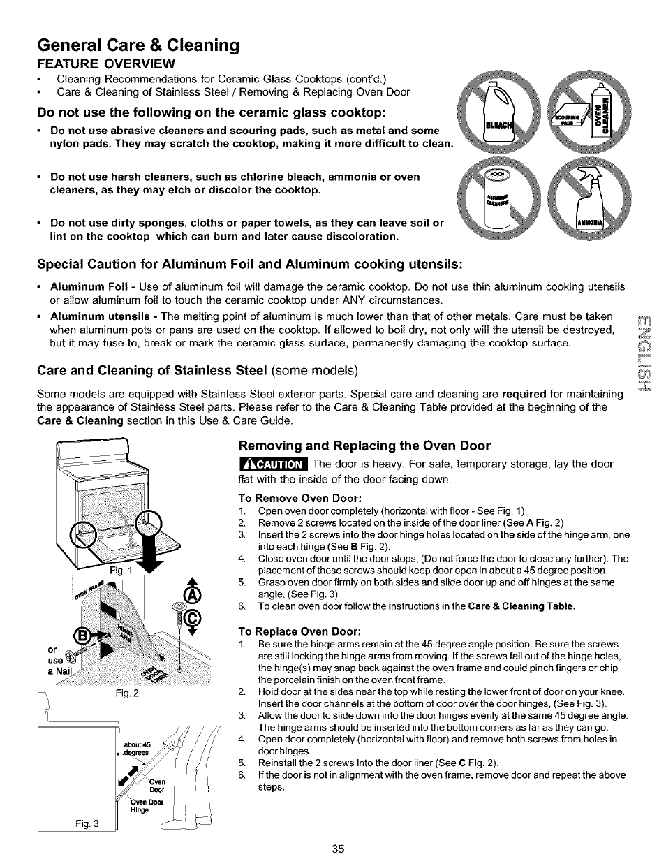 General care & cleaning, Feature overview, Care and cleaning of stainless steel (some models) | Removing and replacing the oven door | Kenmore 790.9911. User Manual | Page 35 / 40