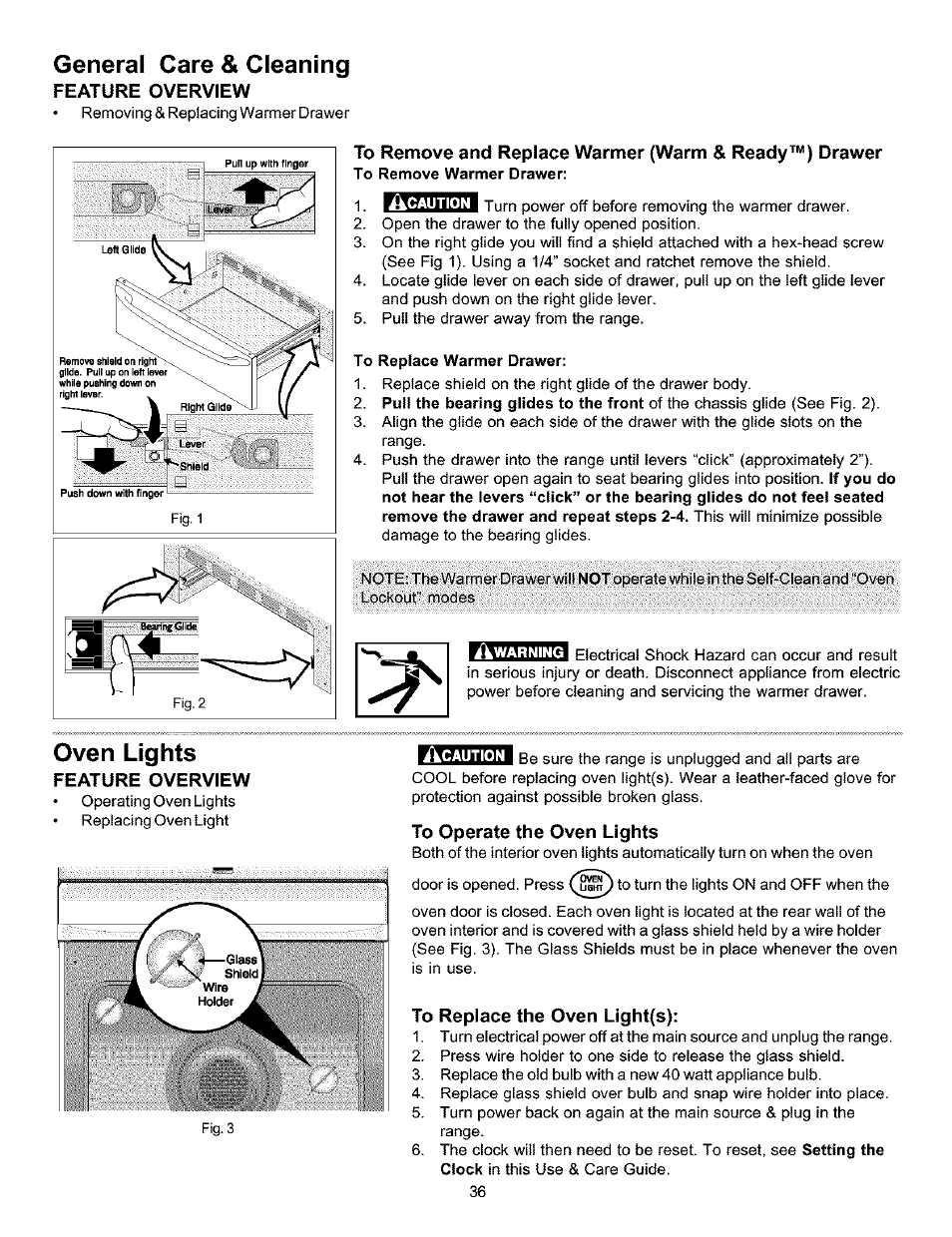 General care & cleaning, Feature overview, To operate the oven lights | To replace the oven light(s), Oven lights | Kenmore 790.9911. User Manual | Page 36 / 40