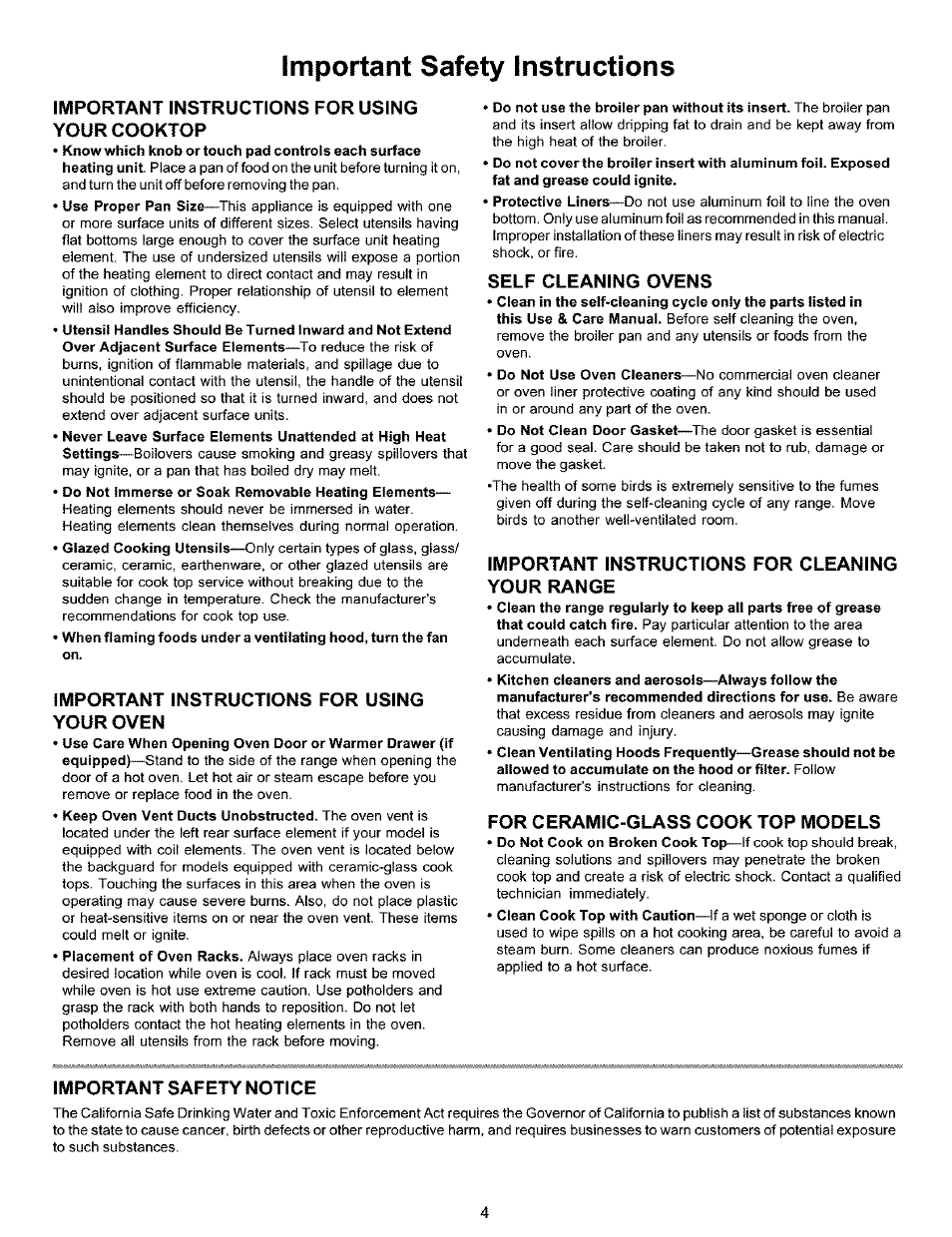 Important instructions for using yourcooktop, Important instructions for using your oven, Self cleaning ovens | Important instructions for cleaning your range, For ceramic-glass cook top models, Important safety notice, Important safety instructions | Kenmore 790.9911. User Manual | Page 4 / 40